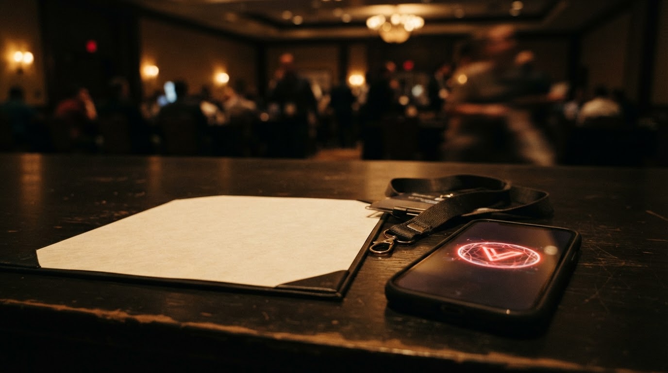 A coaching credential certificate and conference lanyard on a hotel table next to a phone displaying a digital verification badge.