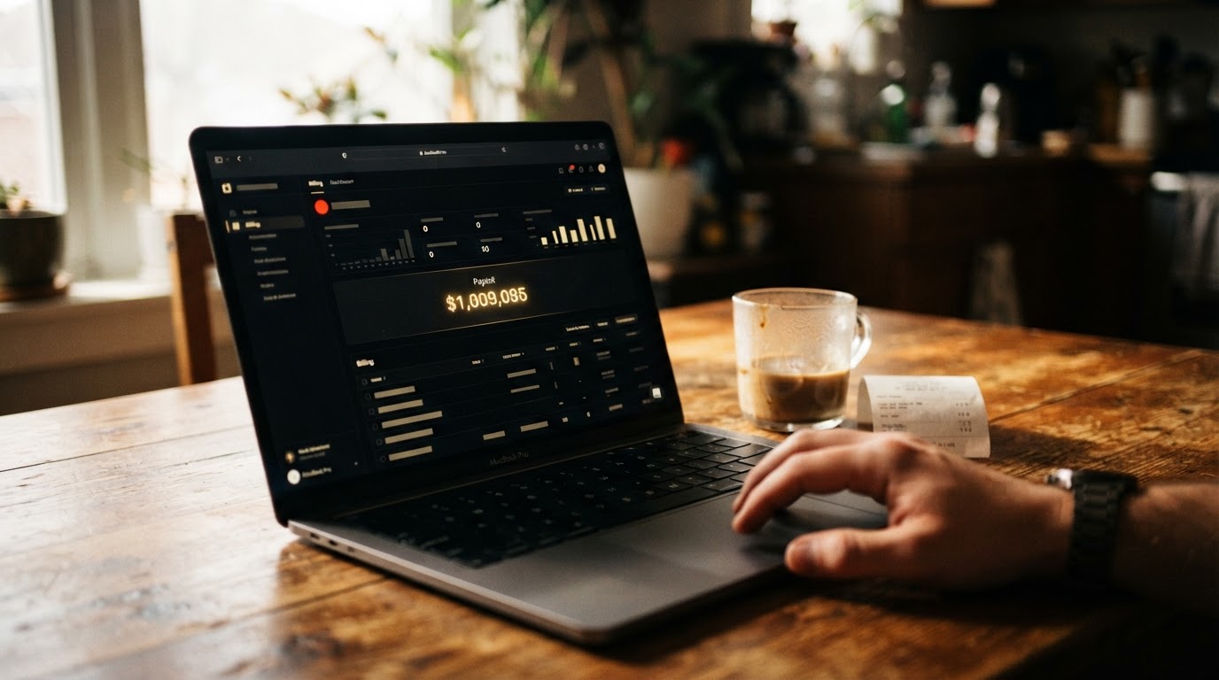 A hand at a laptop open to a payments dashboard on a kitchen table, lit by window light