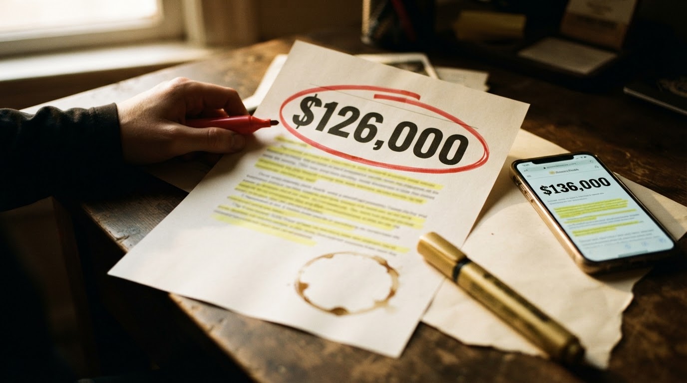 A printed article on a desk with a large dollar figure in the headline circled in red marker, next to a phone showing the same claim.