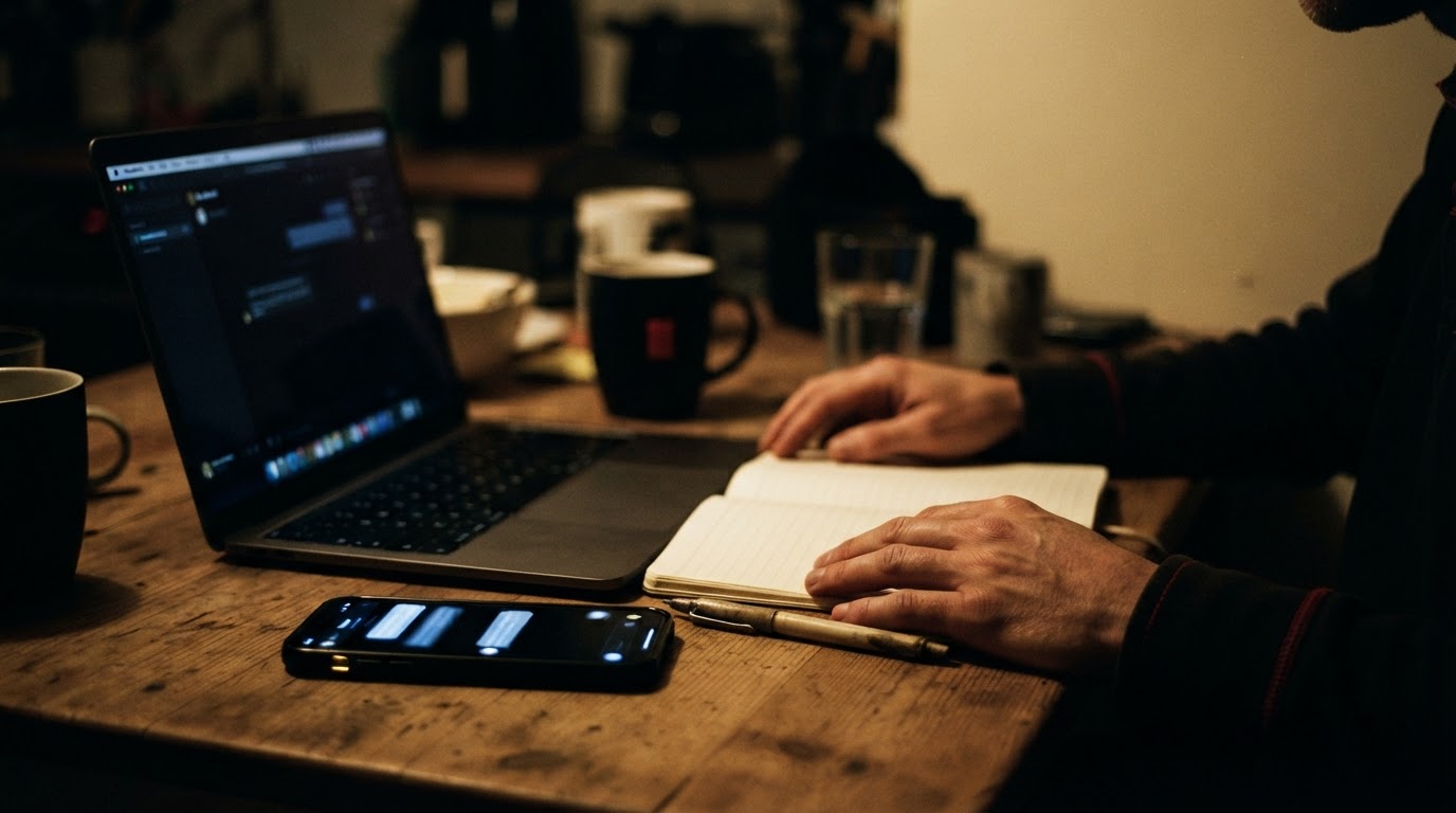 Hands beside a laptop and phone at a dark kitchen table late at night, lit by screen light.
