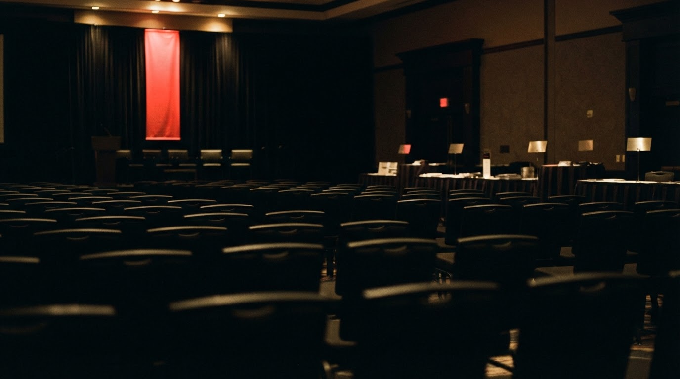 Empty conference ballroom with sponsor tables lining the back wall before an executive summit