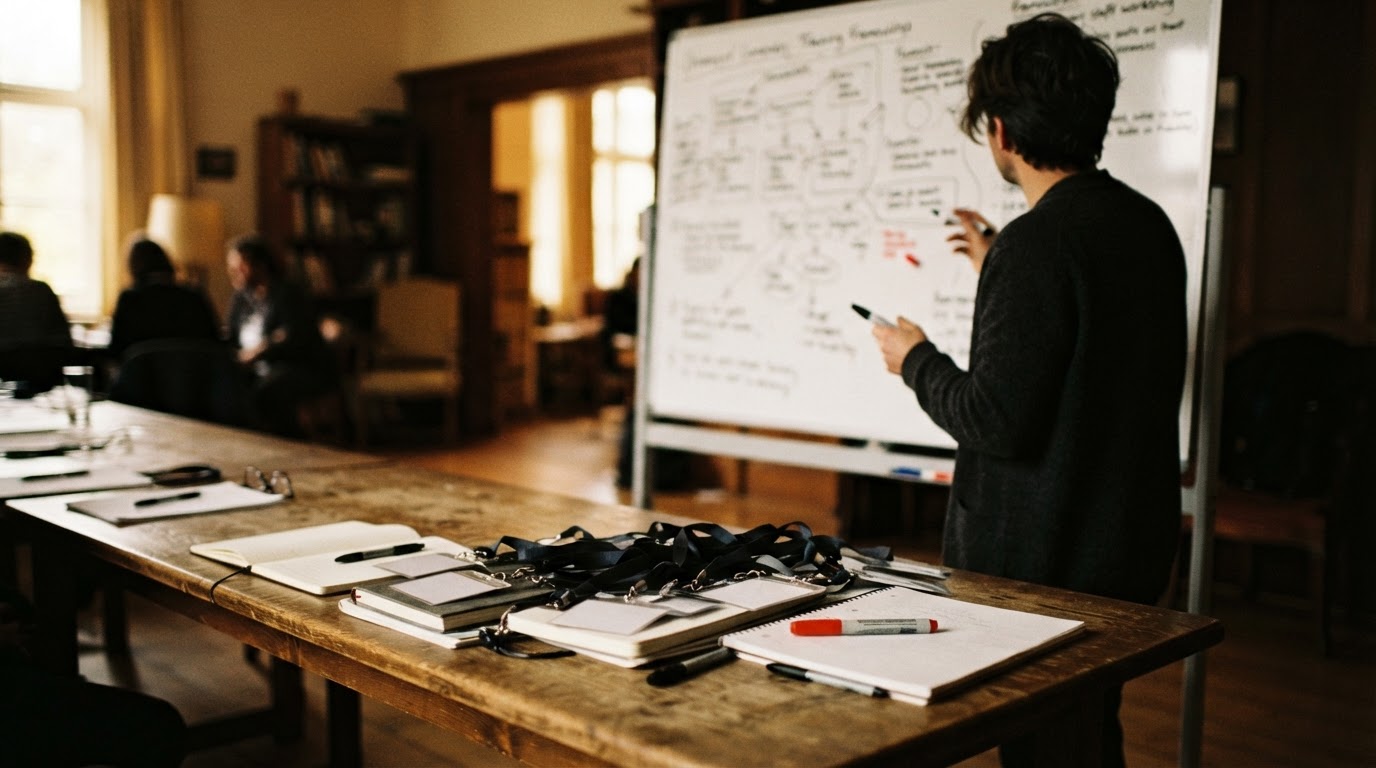 A staff training room with notebooks, name cards and a whiteboard of coaching frameworks, one person seen from behind