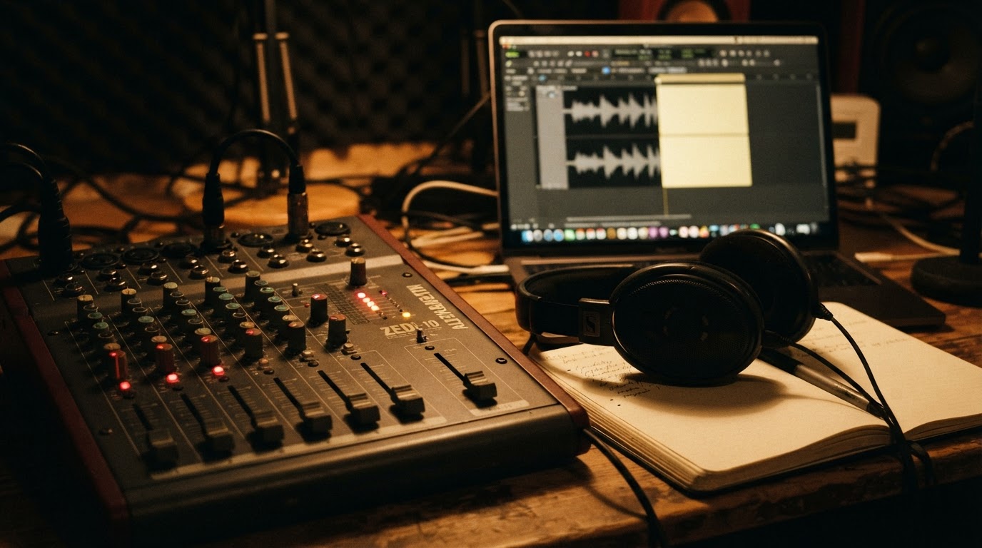 A podcast recording desk with headphones and a laptop showing an audio waveform with a marked empty gap.