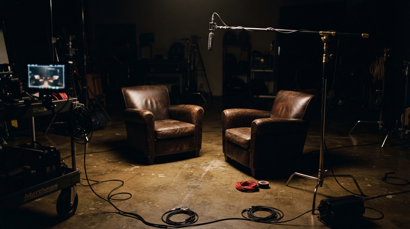 Two empty chairs on a dimly lit interview studio set with camera equipment and a glowing monitor.