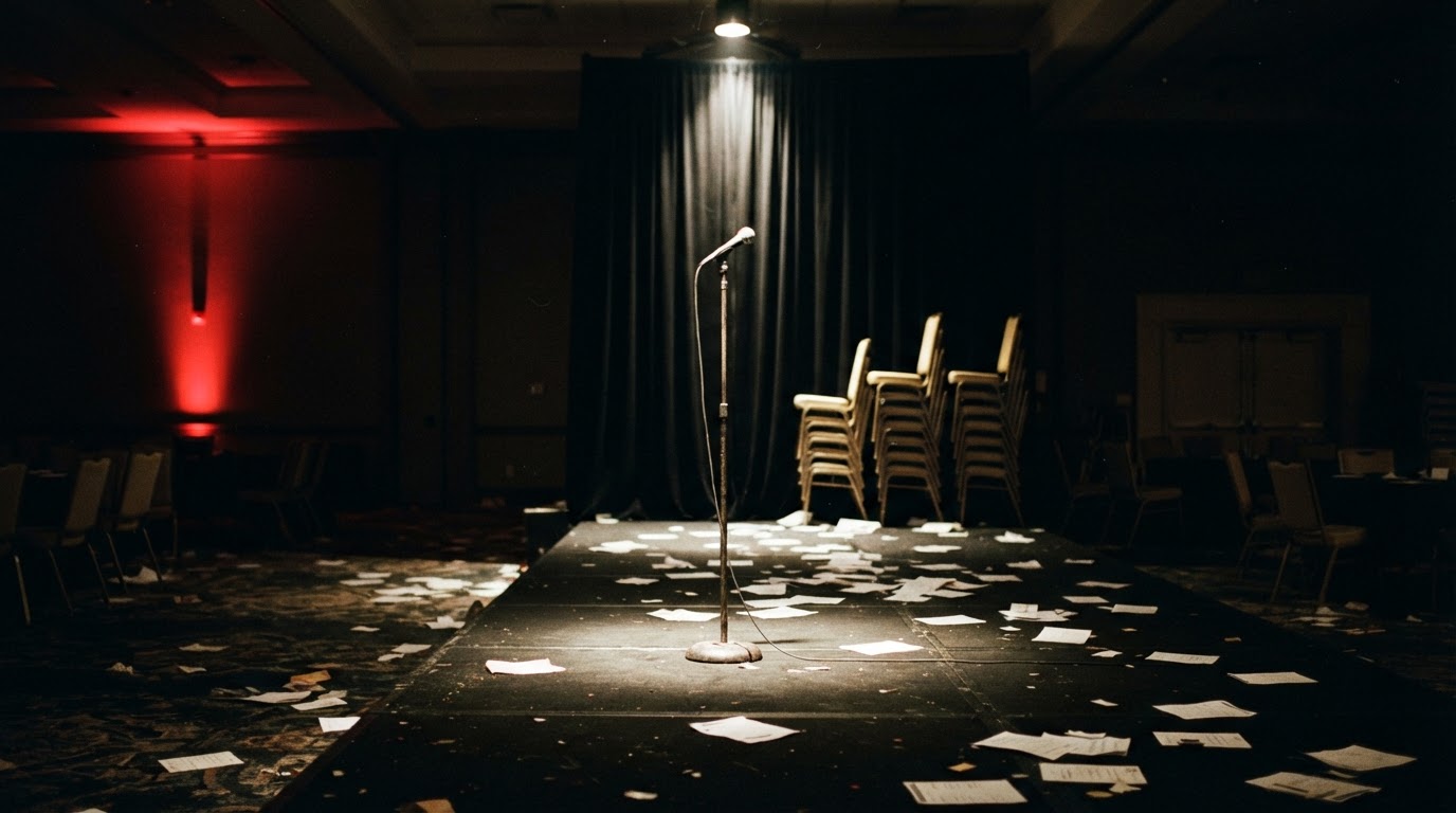 Empty hotel ballroom after an event, with a lone microphone stand lit by a stage spotlight and feedback cards scattered on the carpet.