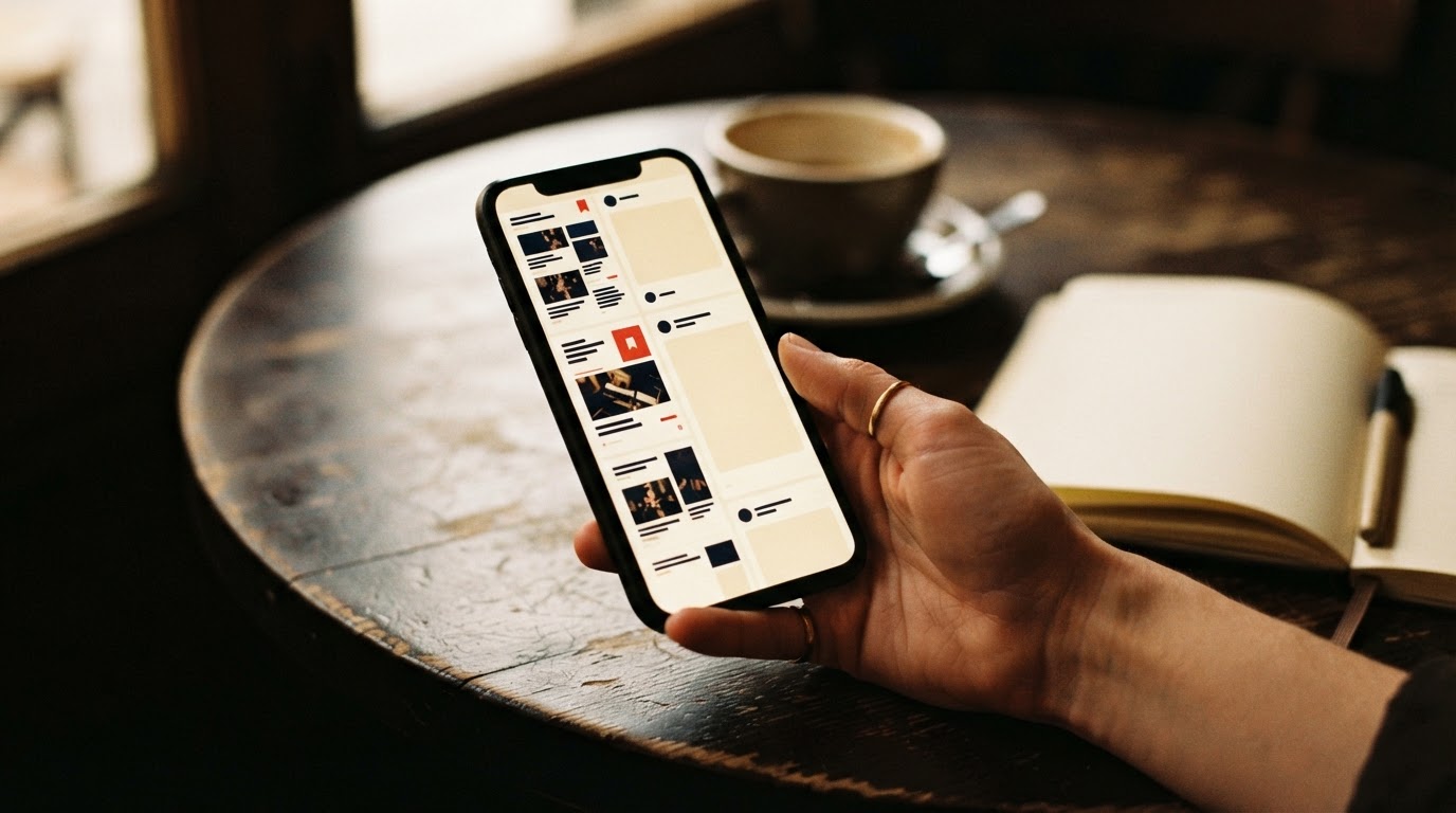 A hand holding a phone displaying two separate social feed columns, notebook and coffee blurred in the background.