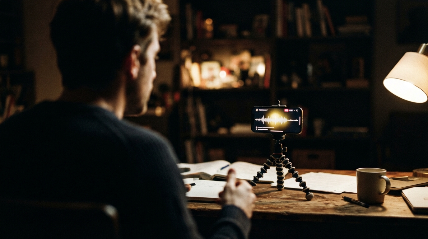 Phone on a tripod filming a livestream in a dim home office, with a blurred figure speaking to camera
