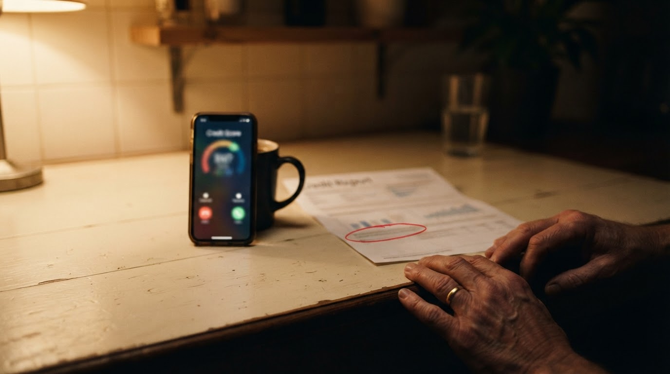 A phone showing a credit score sits on a kitchen table beside a printed credit report with a line circled in red.