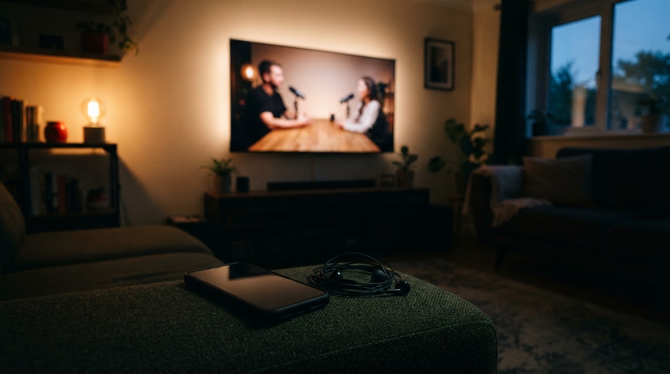 A smart TV showing a video podcast in a dim living room, with a phone and earbuds unused in the foreground