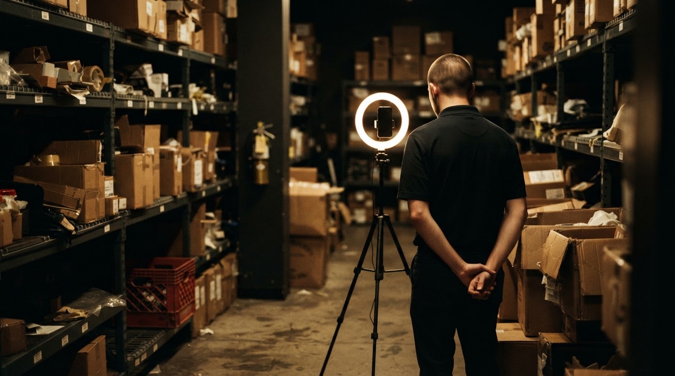 An employee seen from behind filming themselves on a phone tripod in a retail stockroom