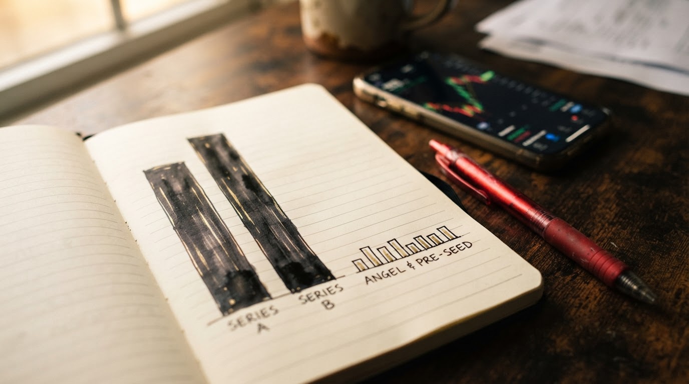 Hand-drawn bar chart in a notebook showing two very tall bars beside ten tiny ones