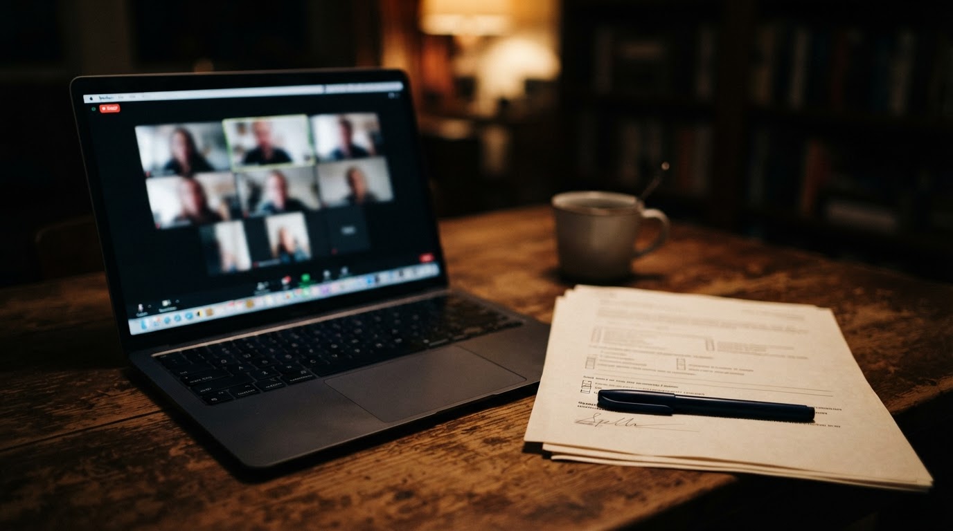 A paused recording on a laptop beside a printed assessment form waiting for a signature