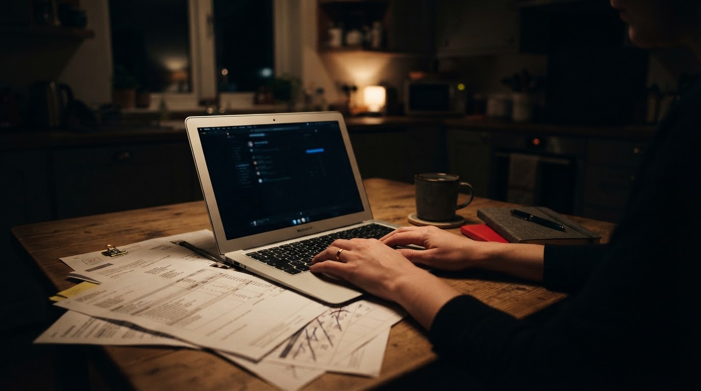 Hands resting on a laptop keyboard at a kitchen table at night, beside invoices and a marked-up calendar.