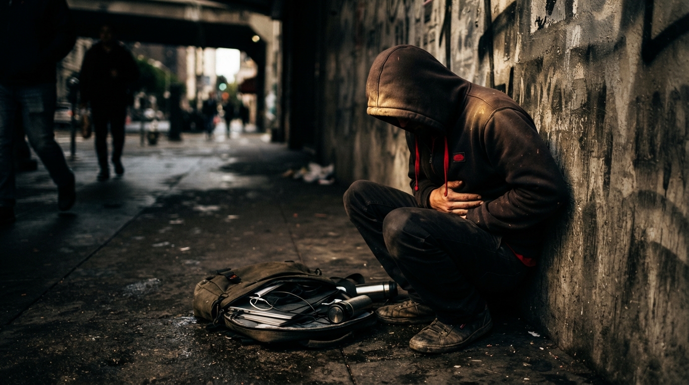 An anonymous man crouched on a city sidewalk beside a spilled laptop bag
