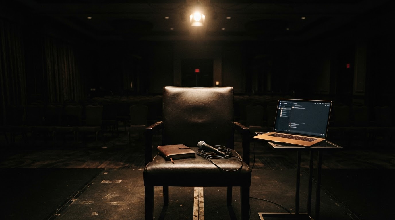 An empty coaching chair in a dark ballroom beside a glowing laptop showing a chat window