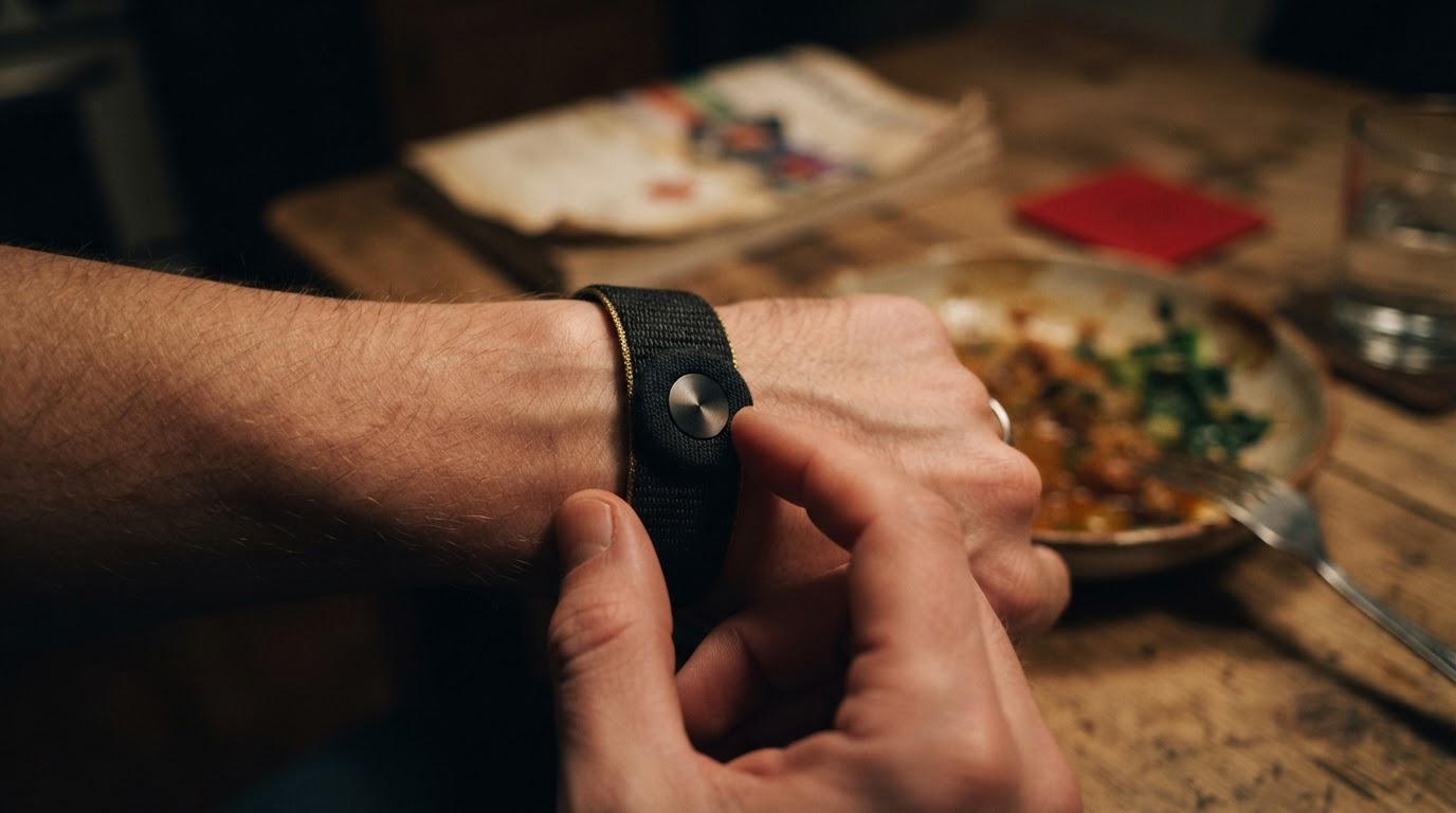 A hand pressing the button on a minimal wearable band, with a meal and a paper log blurred behind it