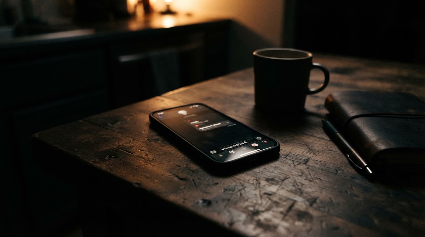 A phone on a dark kitchen table at night showing a chat app with a sponsored card below the answer.