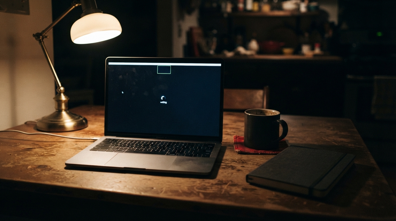 A laptop on a kitchen table at night showing an empty video call window beside a notebook and a cold coffee cup.