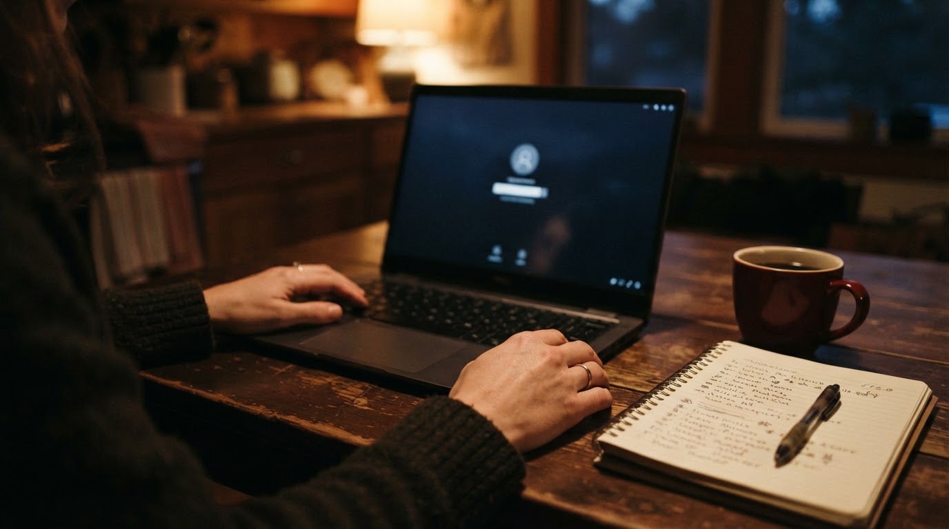 Hands resting beside a laptop showing a failed login screen on a kitchen table at night, next to a notebook