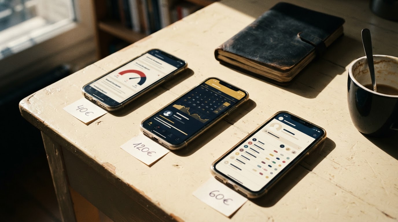 Three smartphones showing different coaching apps on a desk, each beside a different price card