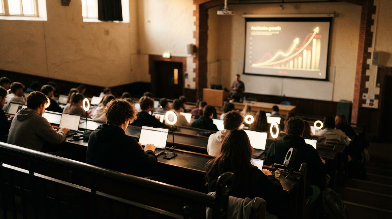 Students with laptops and ring lights in a university lecture hall facing a projected analytics chart
