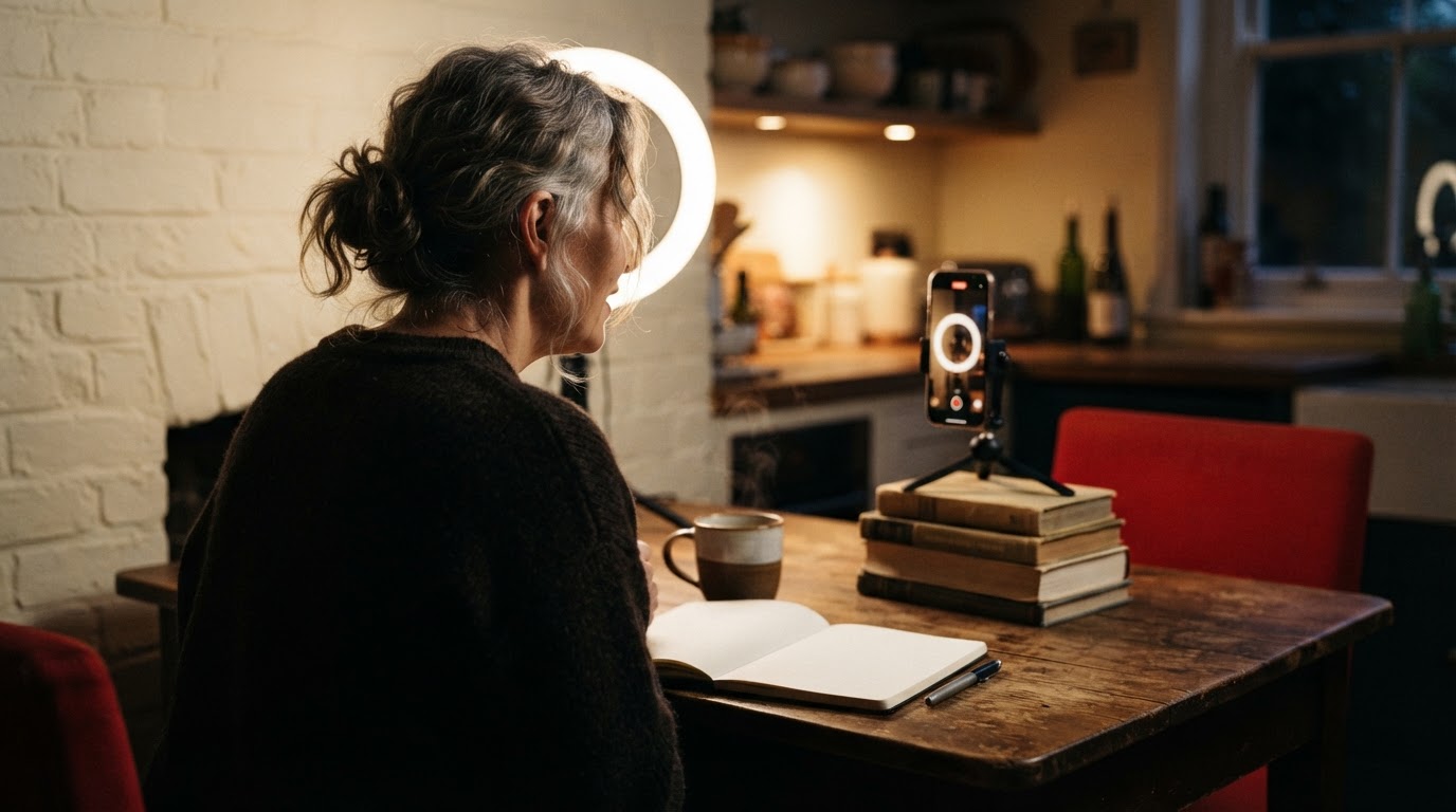 An older creator films a short-form video on a phone propped up at a kitchen table.
