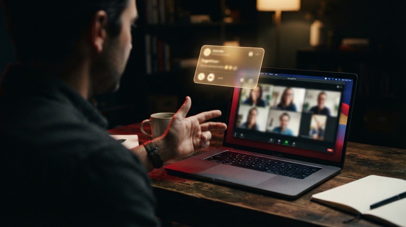 Over-the-shoulder view of a laptop during a video sales call with an AI suggestion overlay floating above the call window.