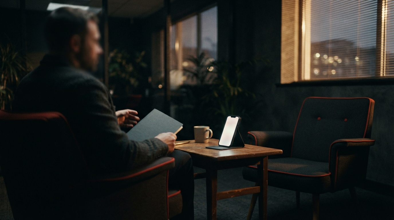 Two facing chairs in a dim meeting room, one holding a blurred person with a notebook, the other holding only a glowing phone.