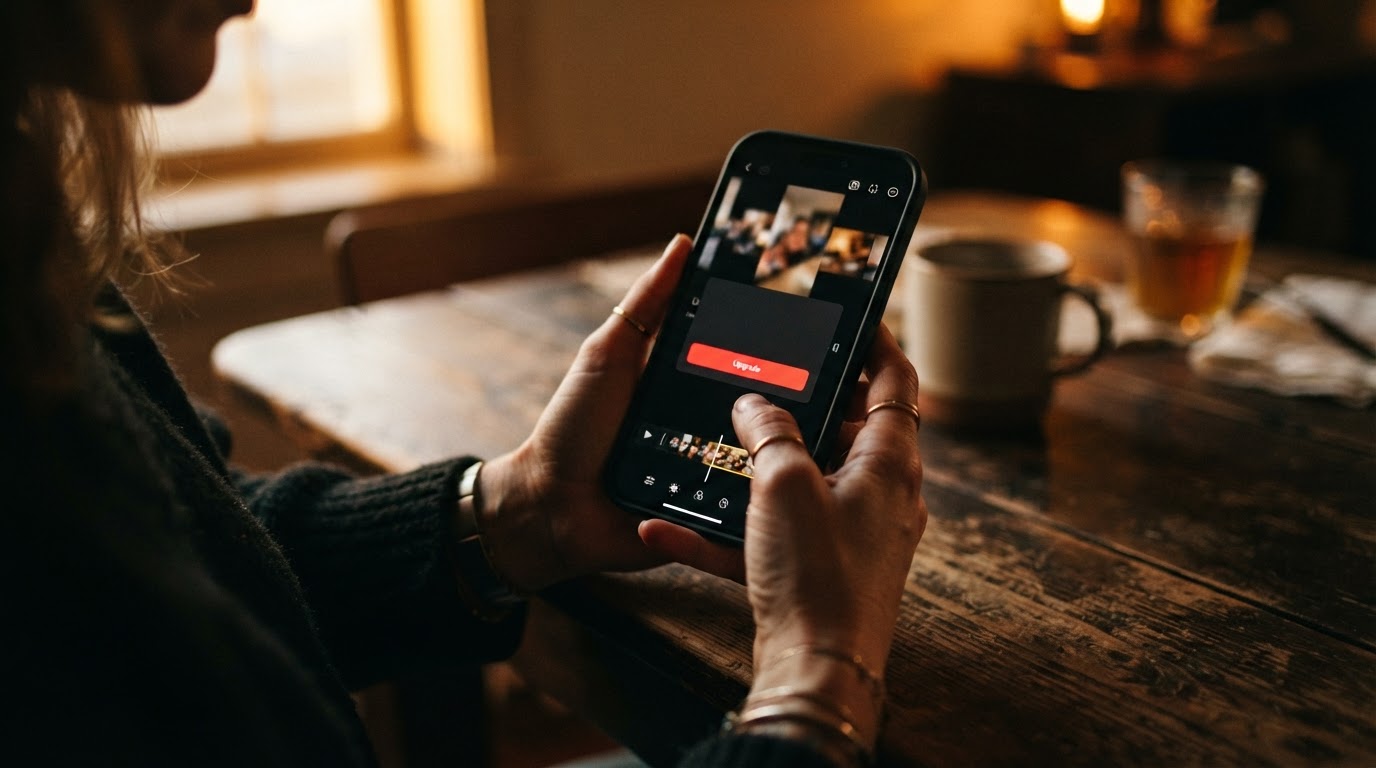 A hand holding a phone showing a video edit interrupted by a subscription prompt
