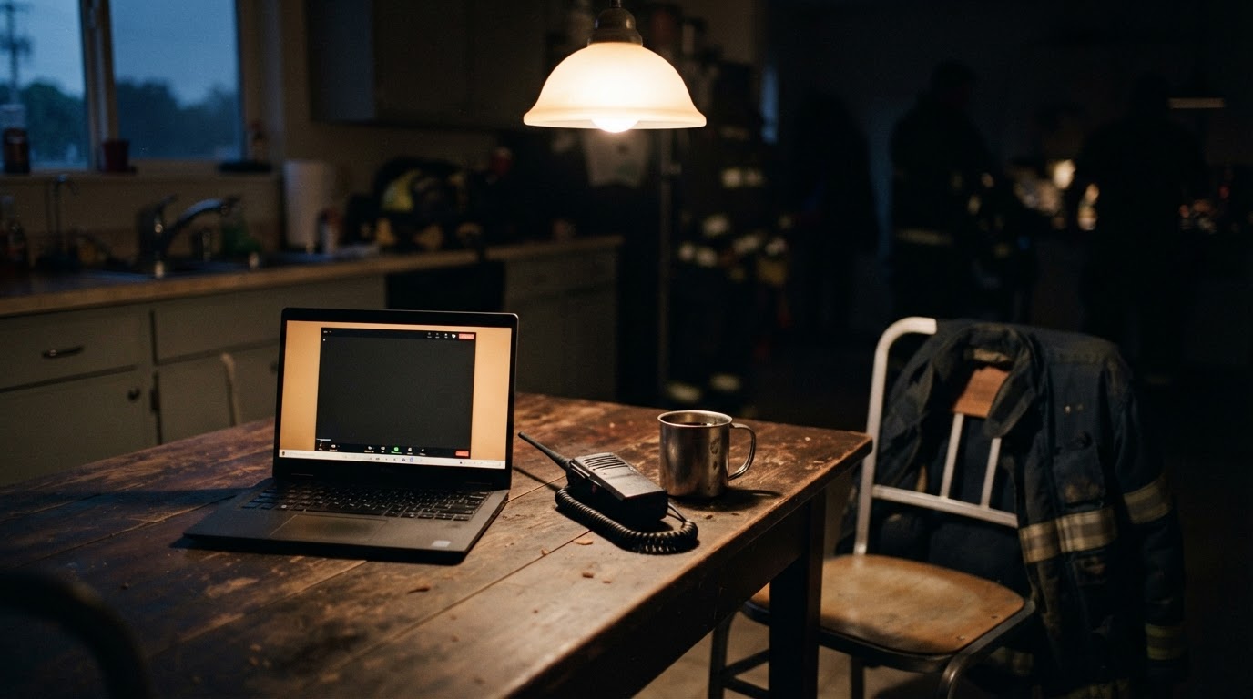 A laptop and radio handset on a fire station table lit by a single overhead lamp at dusk