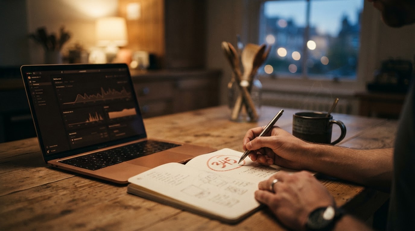 A laptop and notebook on a kitchen table, with a three-digit number circled in red ink.