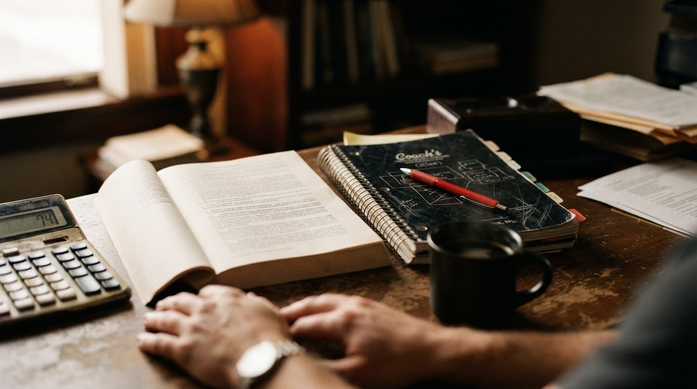 A printed regulatory document, calculator and notebook on a desk in warm light, with anonymous hands at the edge of frame