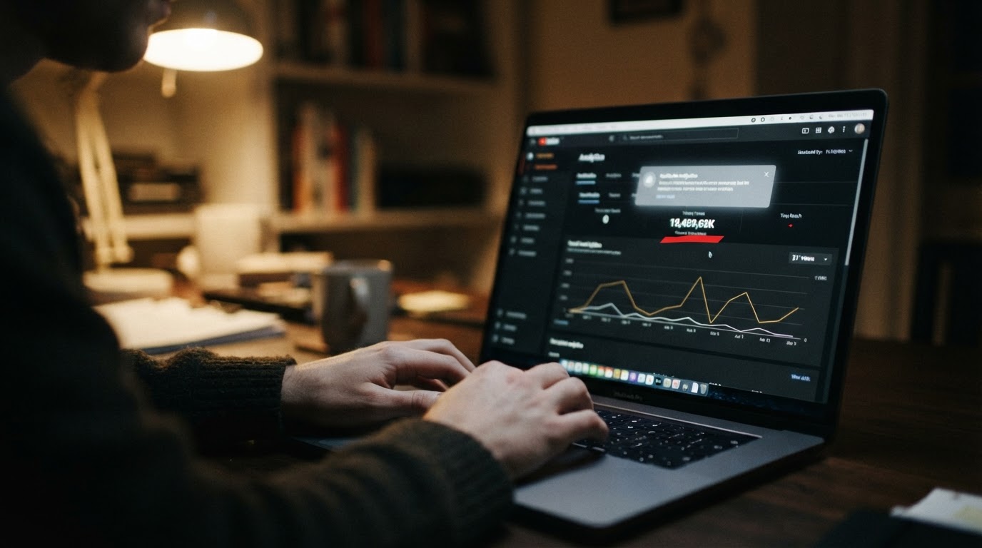 Hands resting on a laptop keyboard at night as a notification appears on an analytics dashboard.