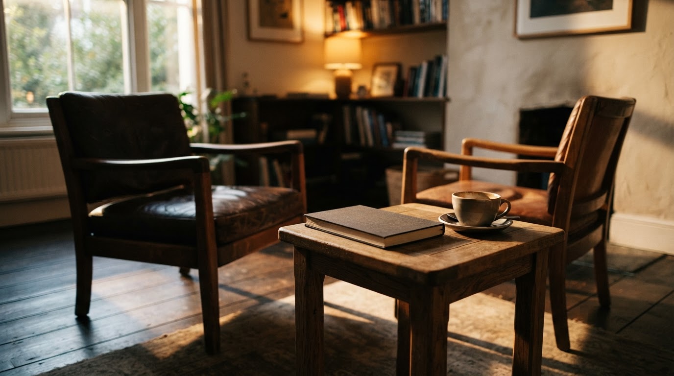 Two empty chairs in a warm consulting room with a closed notebook on a side table
