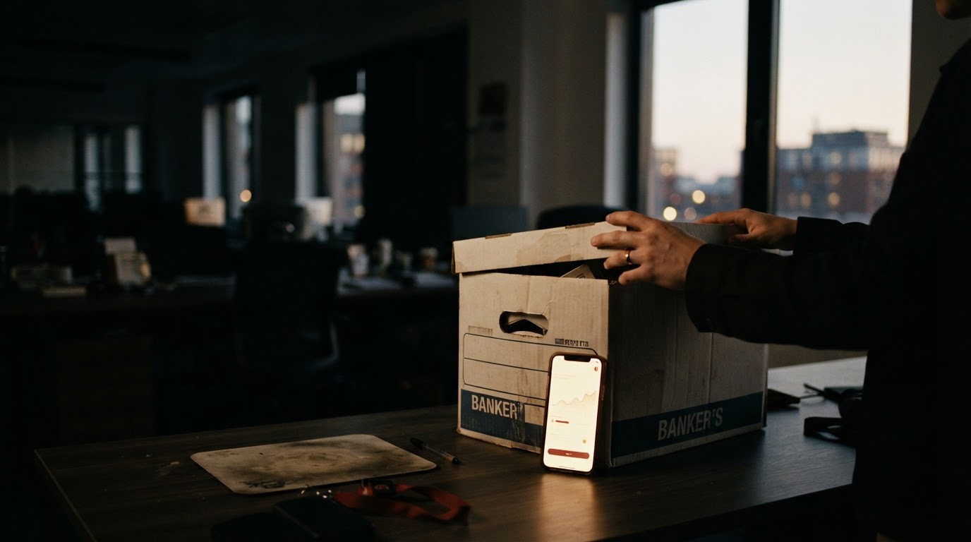 A packed cardboard box on an empty office desk beside a phone showing a job-search app