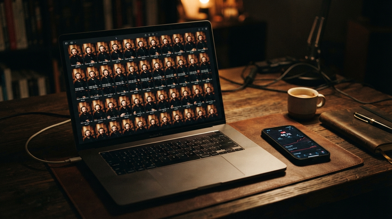 A laptop screen showing a grid of dozens of short vertical video clips cut from one long recording