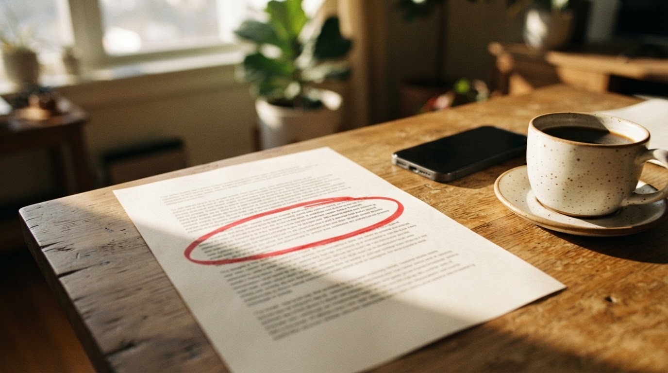 A printed campaign brief on a desk with one clause circled in red marker.