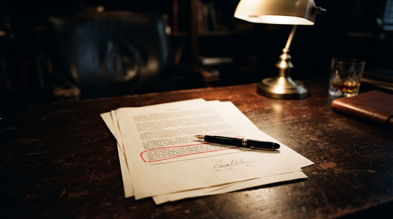 A contract on a desk with one clause highlighted in red, pen resting on top, empty chair behind.