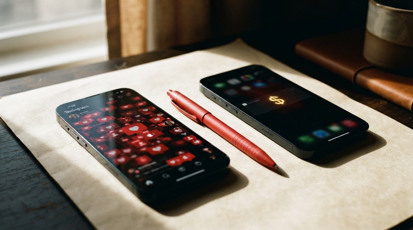 Two phones on a desk, one showing social media likes and the other a single payment notification
