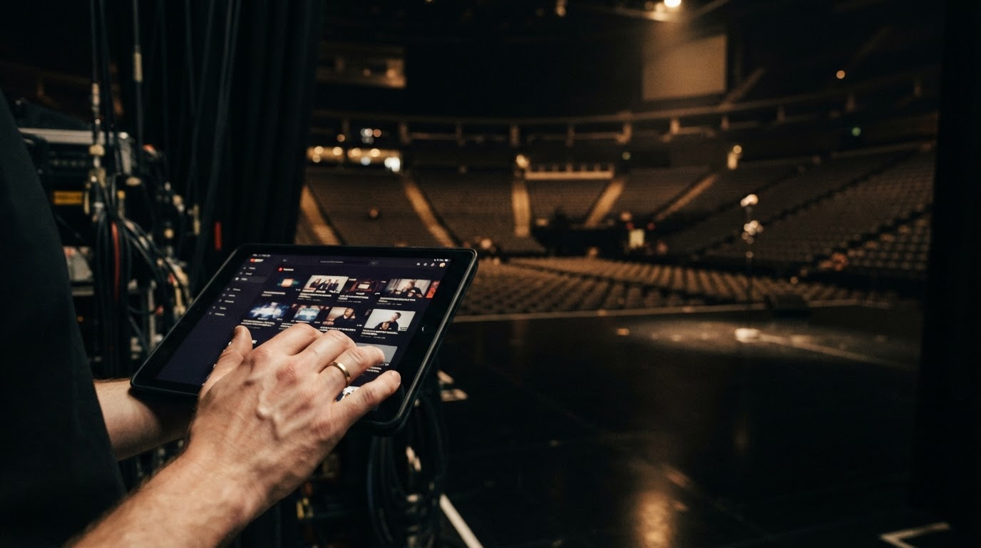 Empty seminar arena at night with a lone microphone on stage and a hand holding a tablet showing a streaming channel lineup