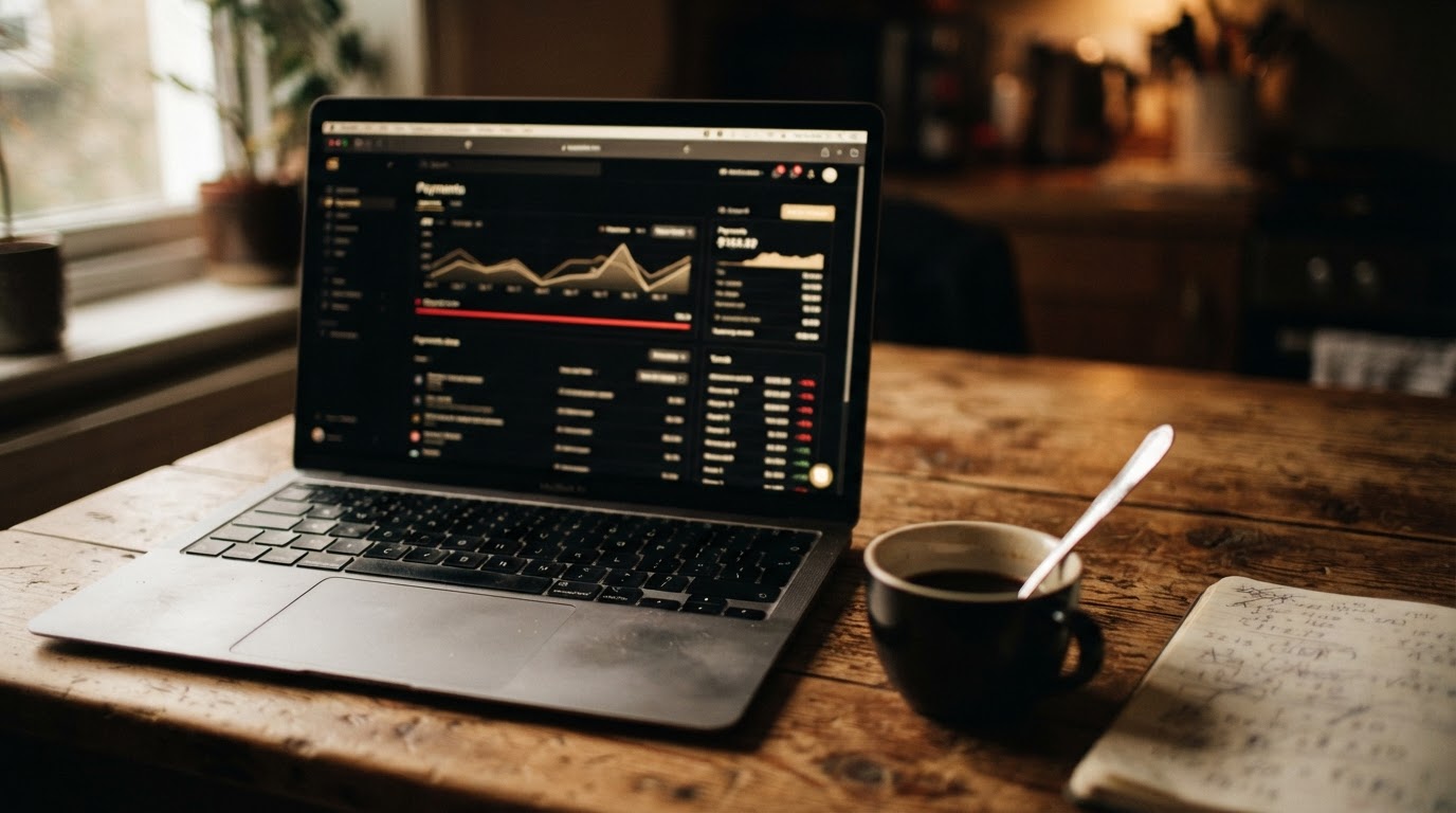 Laptop on a kitchen table showing a payment dashboard with a disputed charge, beside a notepad of handwritten figures