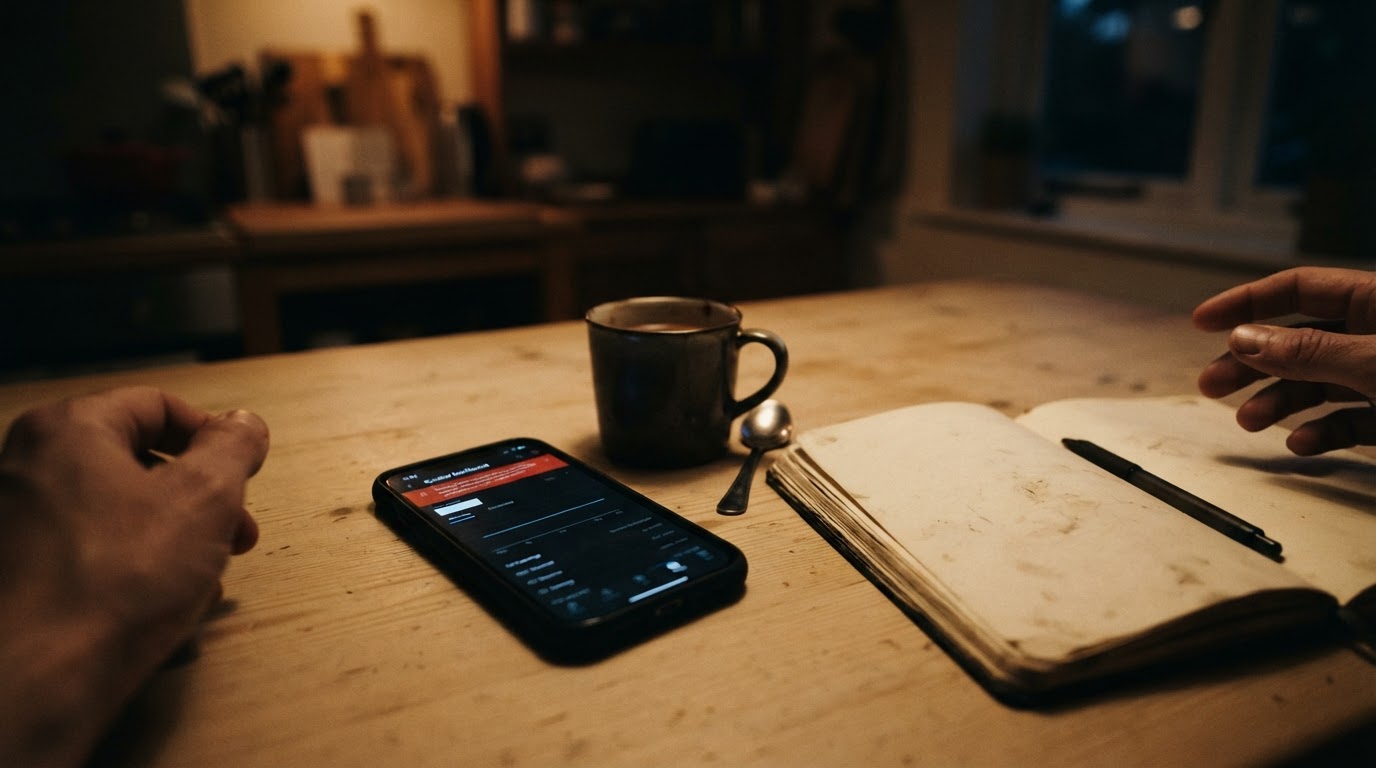 A phone on a kitchen table showing a creator membership dashboard with a red alert banner, hands at the edge of frame.