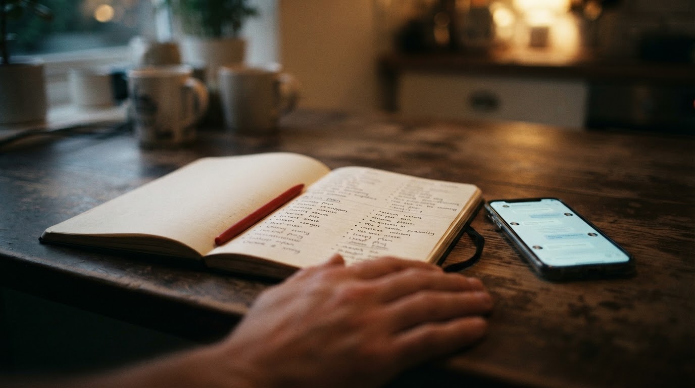 An open notebook with an unfinished action list beside a glowing phone on a kitchen table