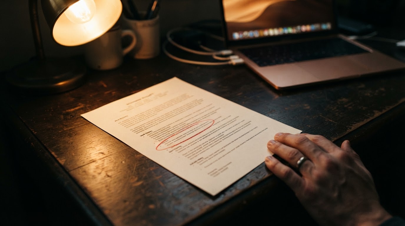 A printed professional bio on a desk with one line of work history circled in red pen, a hand resting nearby and a laptop glowing out of focus.