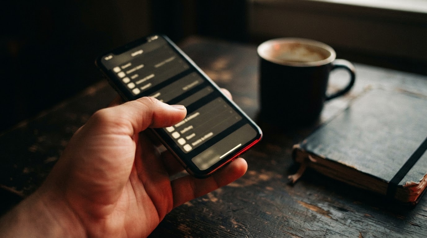 A hand holding a phone open to a settings menu on a dark desk beside a notebook
