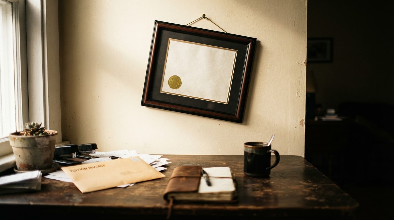 A framed coaching certificate on a cream wall above a desk with an unopened invoice and a notebook.