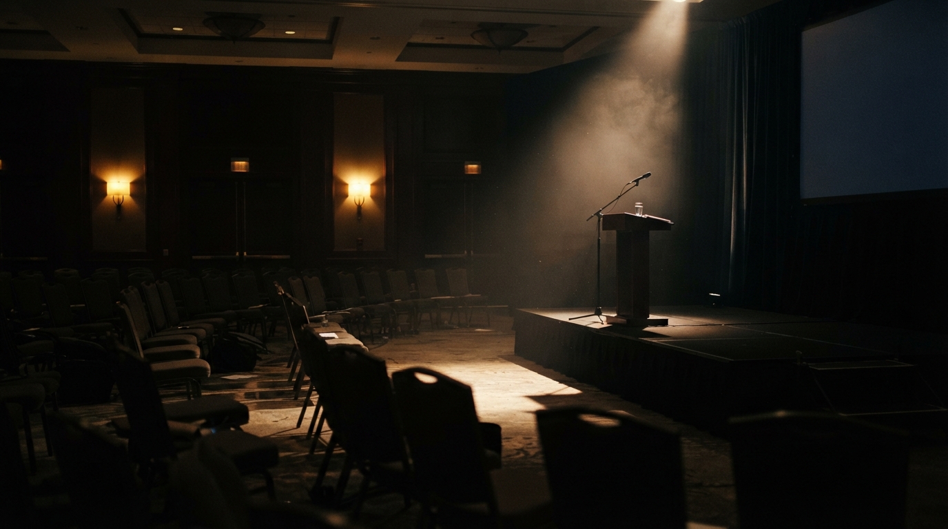 An empty hotel ballroom with scattered chairs and a lone microphone on a dimly lit stage