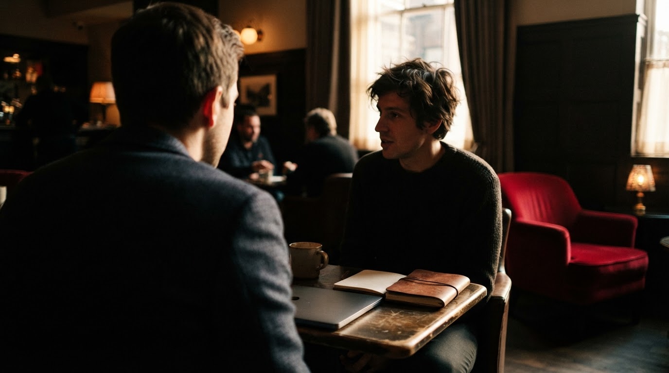 Two people in conversation across a table in a hotel lobby, laptop closed between them