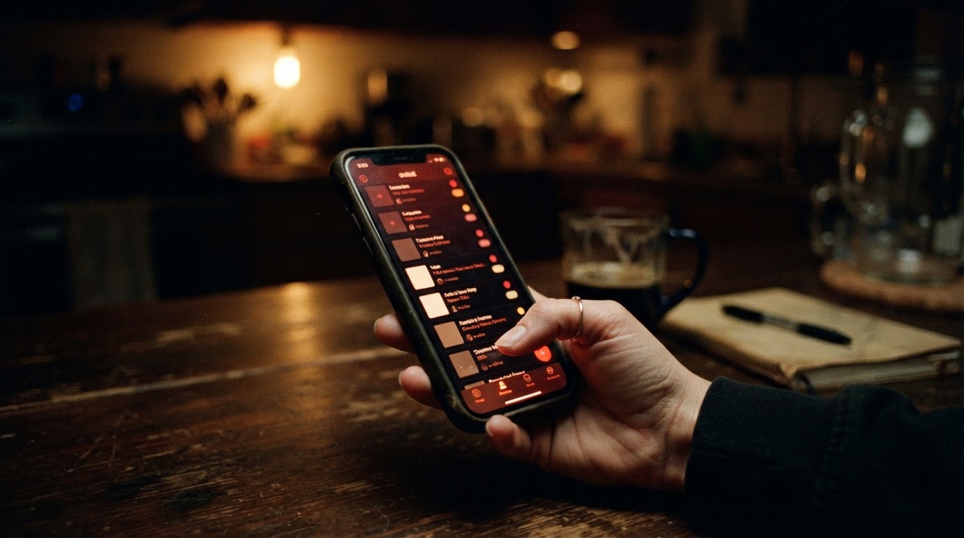 A hand holding a phone showing a group moderation approval queue with status tags, on a dim kitchen table.