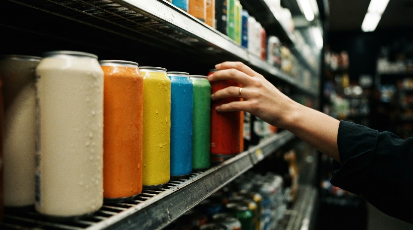 A hand reaching for colorful canned drinks in a brightly lit supermarket refrigerator case.